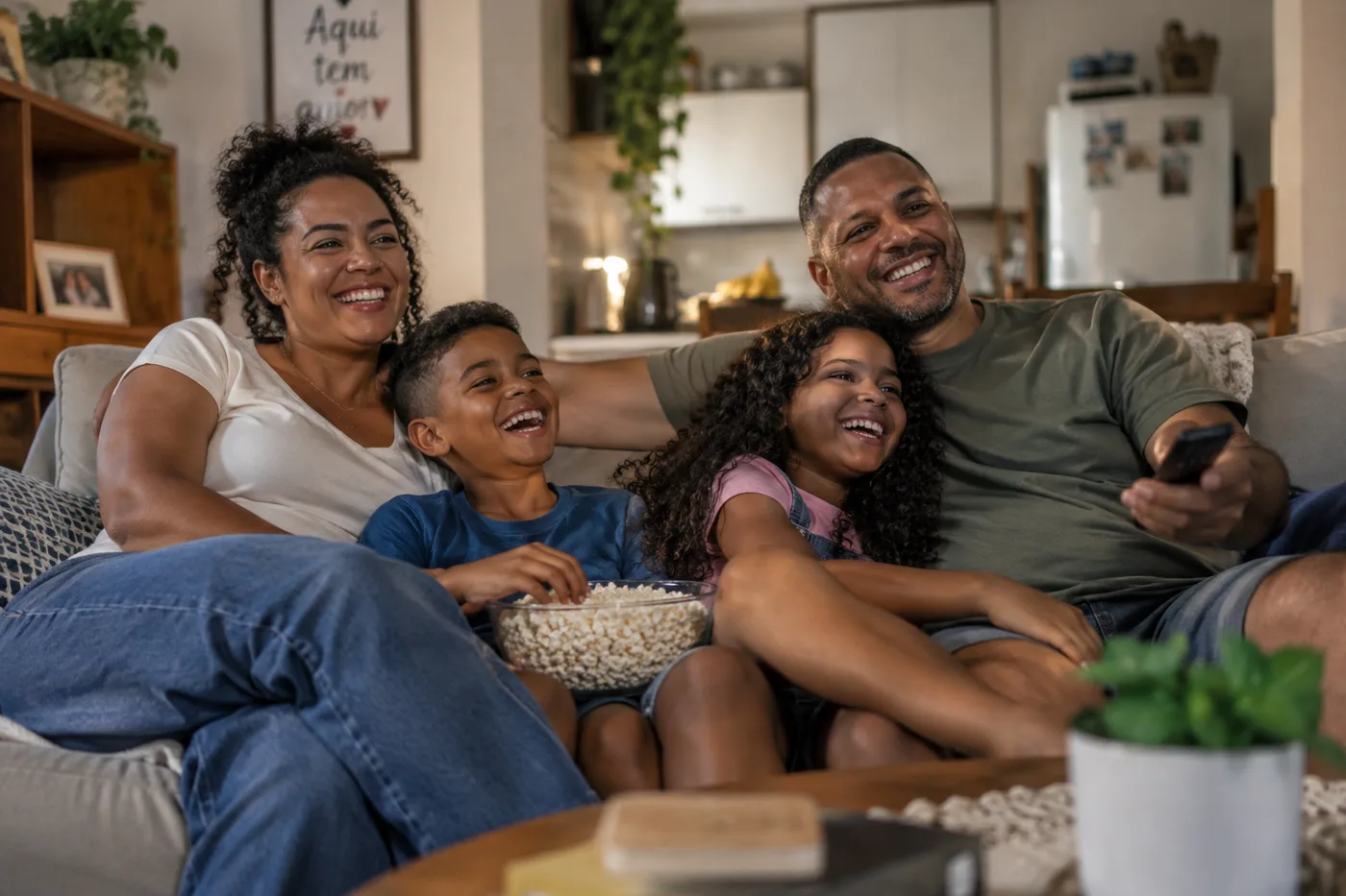 Família sorrindo junta no sofá da sala, com pipoca