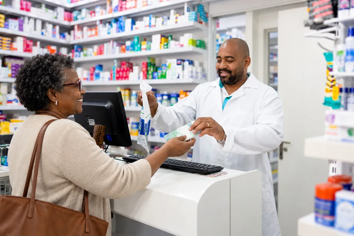 Cliente sendo atendida pelo farmacêutico no balcão da farmácia